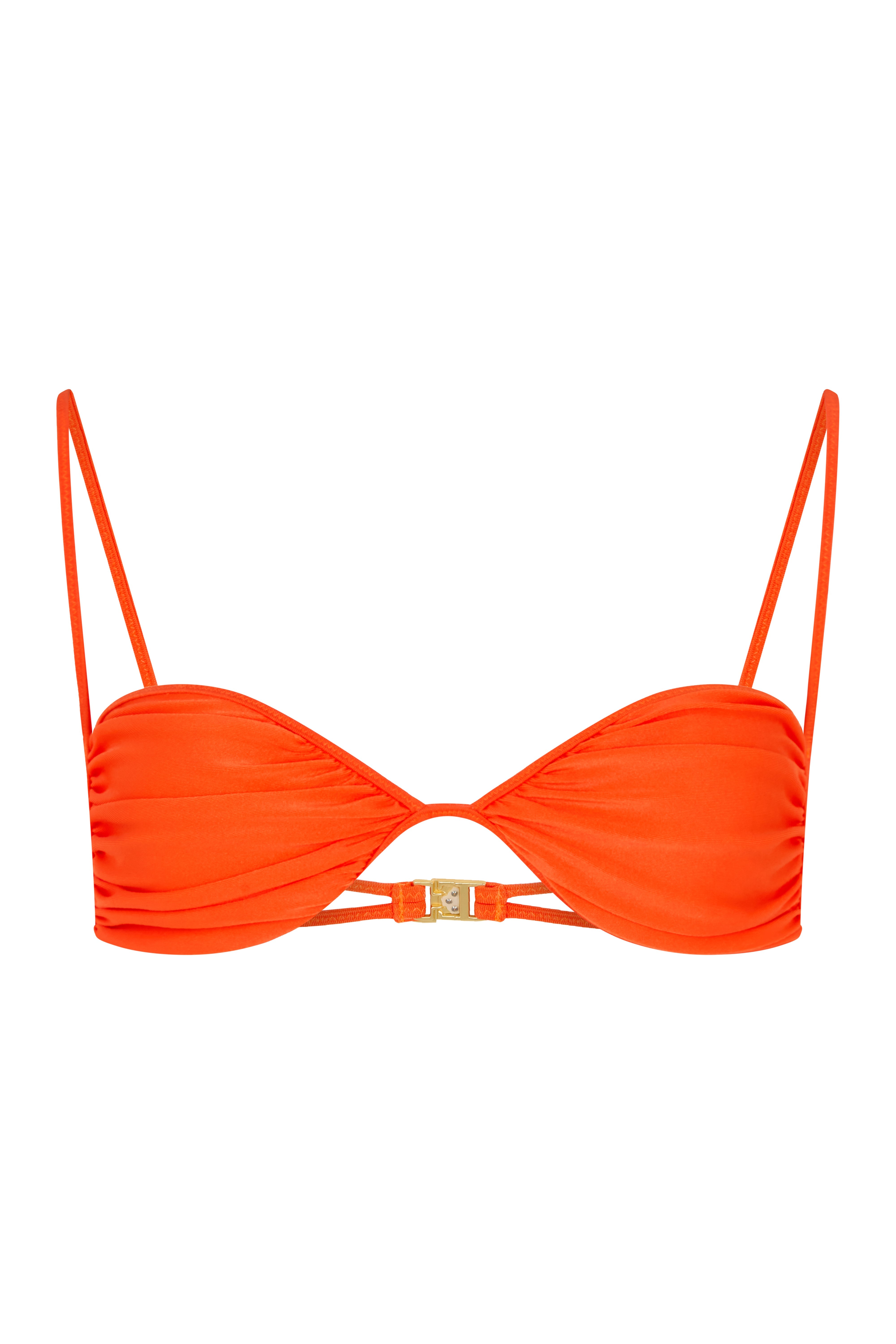 An orange bralette bikini top with adjustable straps and ruched cup detail, featuring brushed vintage gold hardware.
