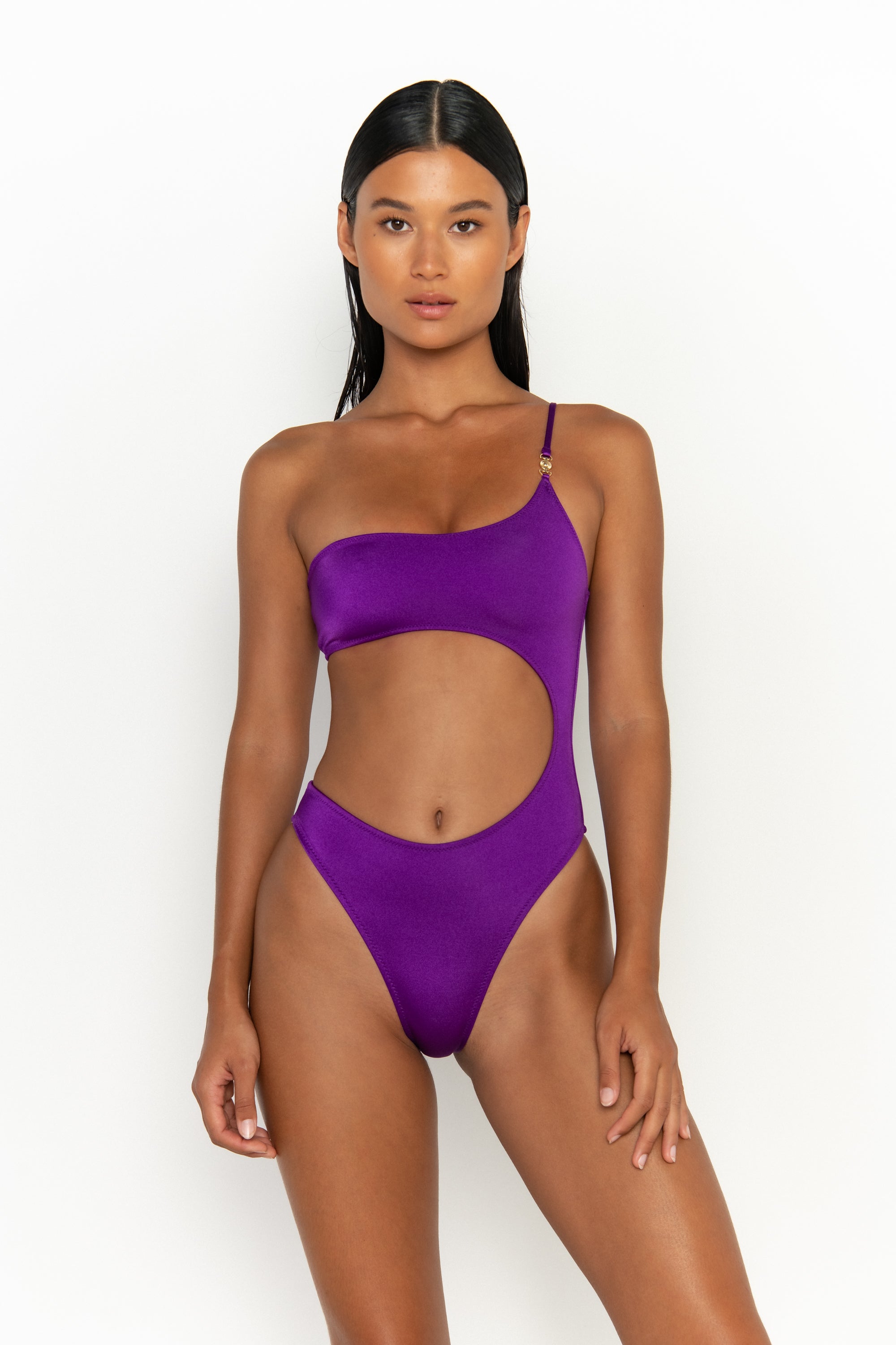 front view womens swimwear designed as high quality bikini from sommer swim swimwear australia - bonita petunia is a purple one shoulder swimsuit one piece swimsuit