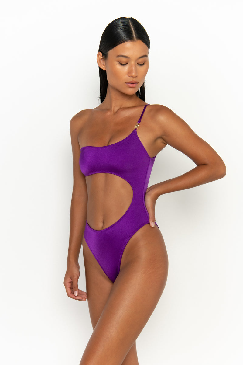 side view womens swimwear designed as high quality bikini from sommer swim swimwear australia - bonita petunia is a purple one shoulder swimsuit one piece swimsuit