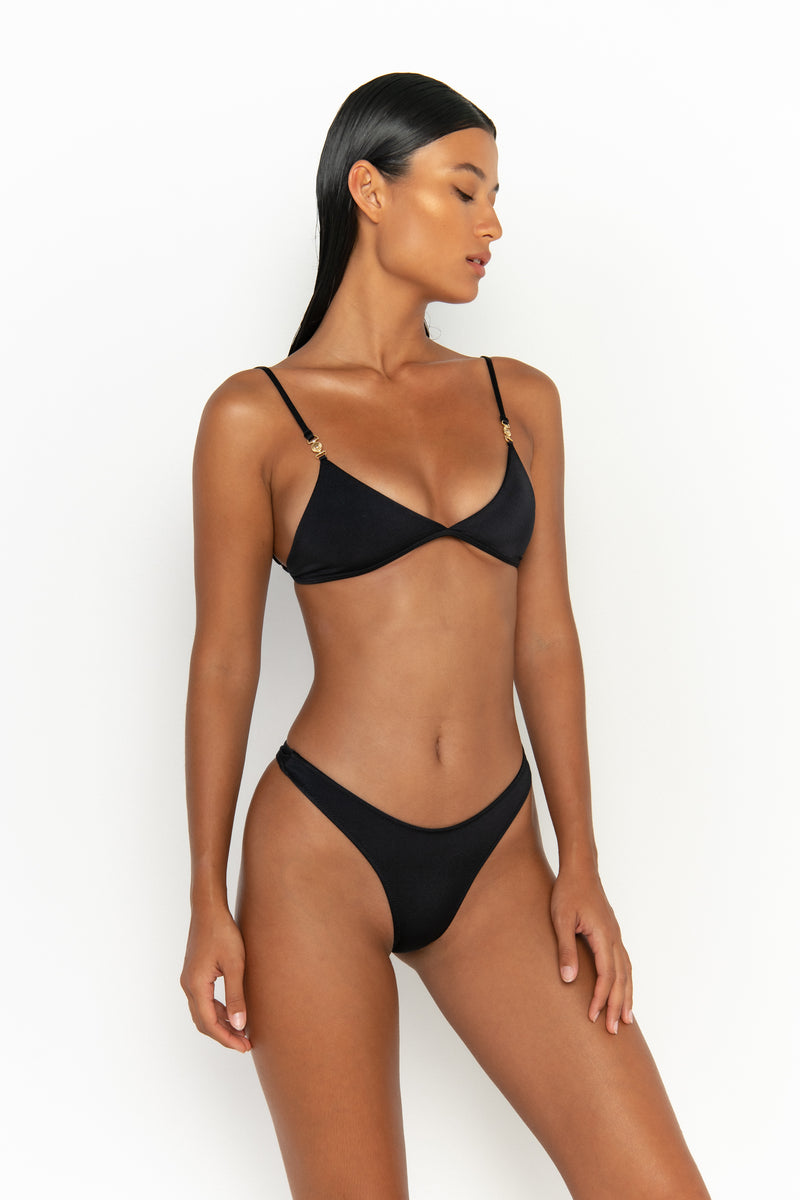 side view womens swimwear designed as high quality bikini from sommer swim swimwear australia - juliet nero is a black bikini with bralette bikini top