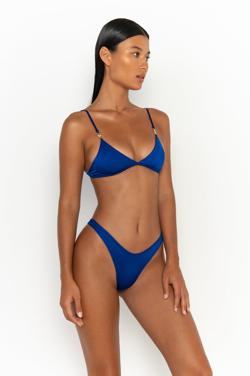 side view womens swimwear designed as high quality bikini from sommer swim swimwear australia - juliet olympus is a royal blue bikini with bralette bikini top