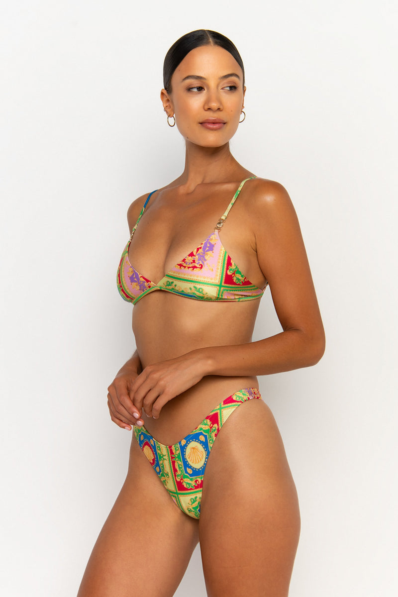 side view womens swimwear designed as high quality bikini from sommer swim swimwear australia - juliet posidonia is a print bikini with bralette bikini top