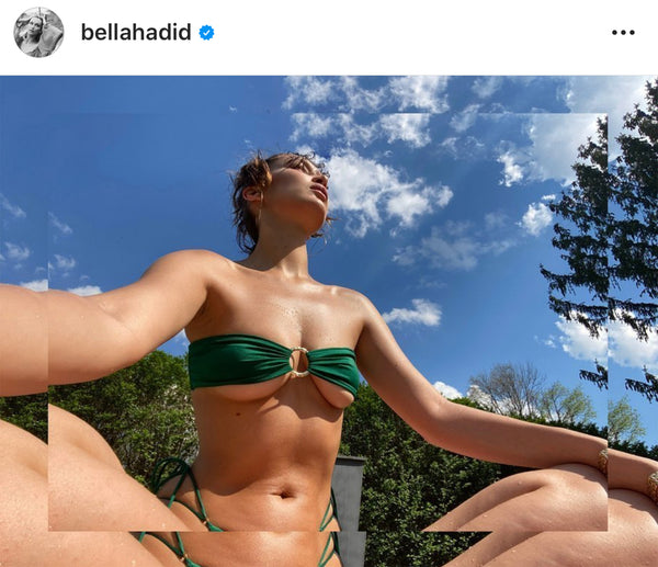 Bella Hadid wearing the Sommer Swim Cece Emerald Bandeau Bikini Top 