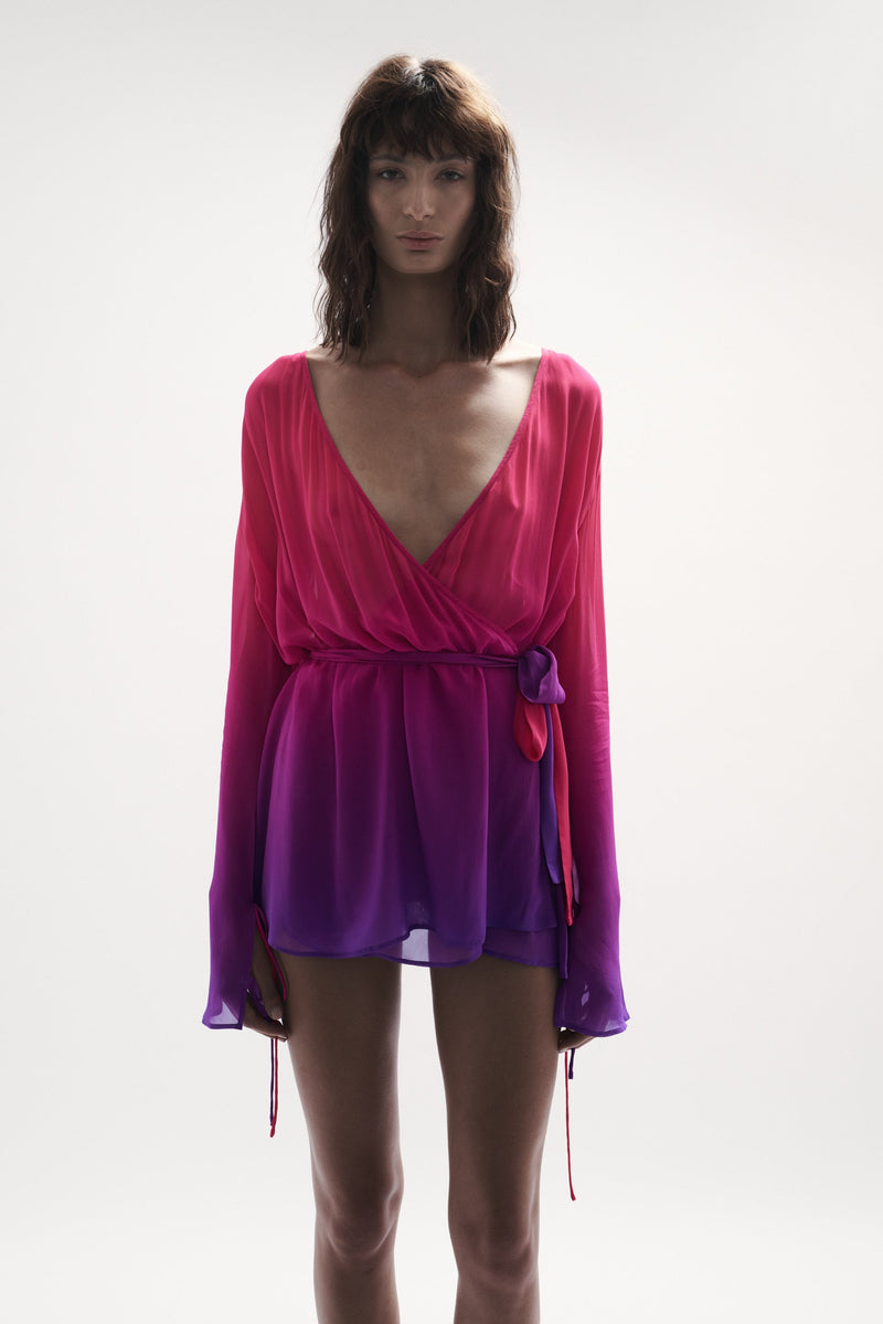 front straight view womens resort wear designed as high quality resort wear from sommer swim swimwear australia - palma berry crush is a pink and purple gradient wrap dress