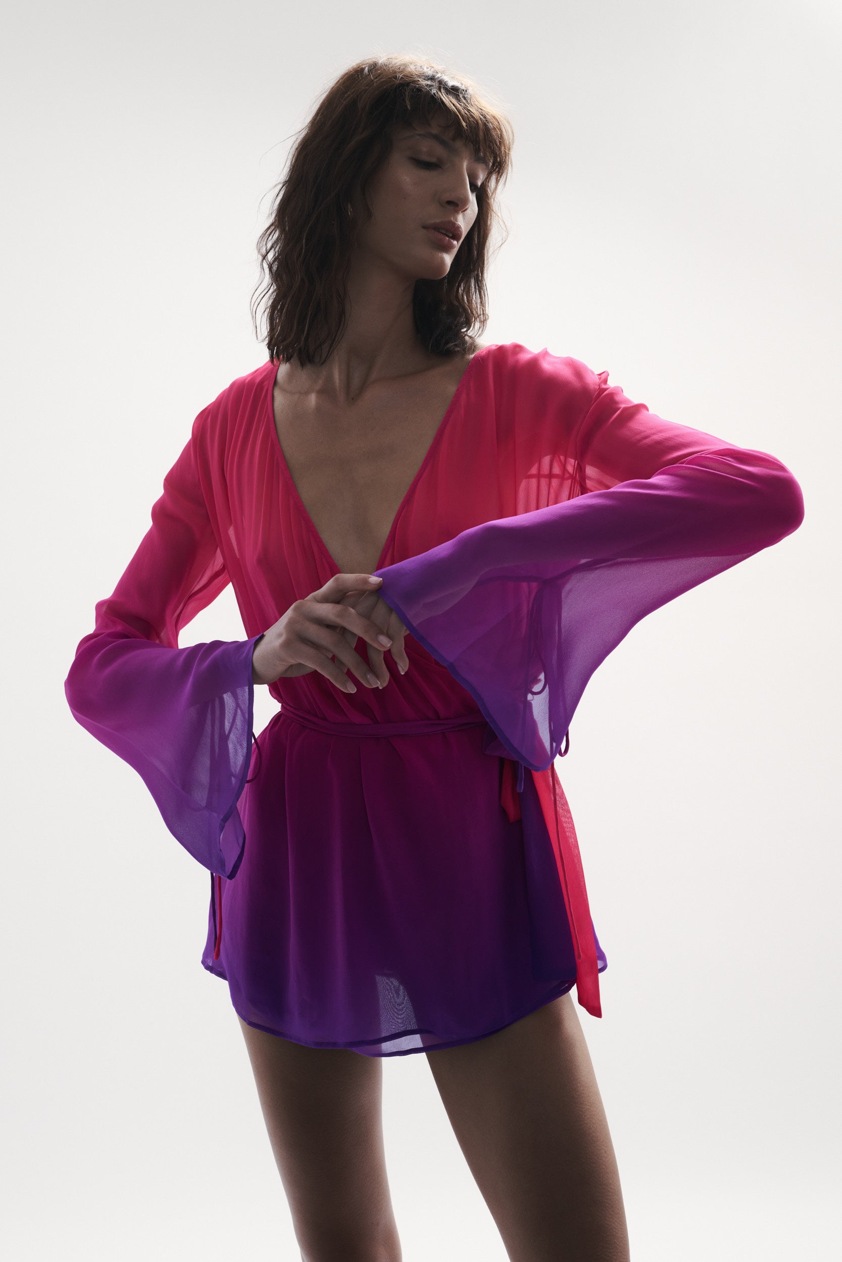 front view womens resort wear designed as high quality resort wear from sommer swim swimwear australia - palma berry crush is a pink and purple gradient wrap dress