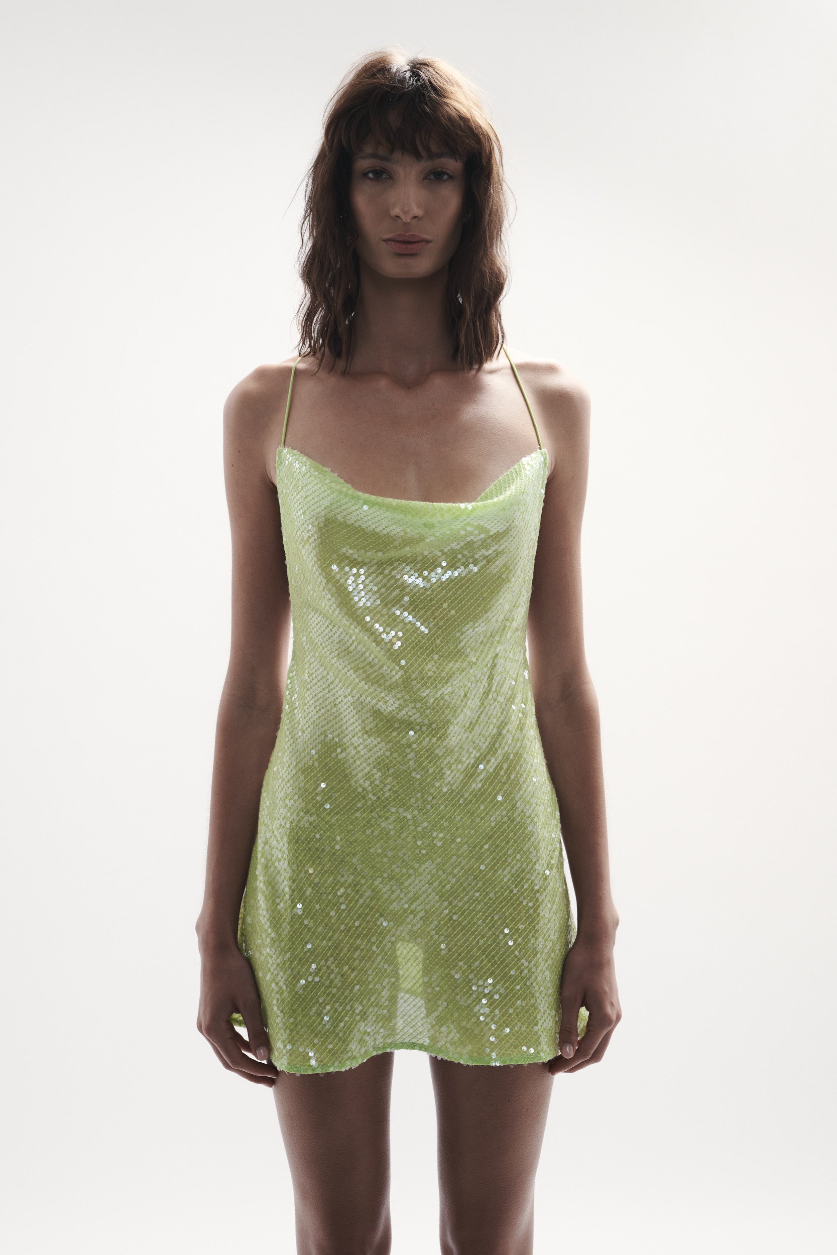 front view womens resort wear designed as high quality resort wear from sommer swim swimwear australia - ibiza chartreuse is a light green sequin mini dress