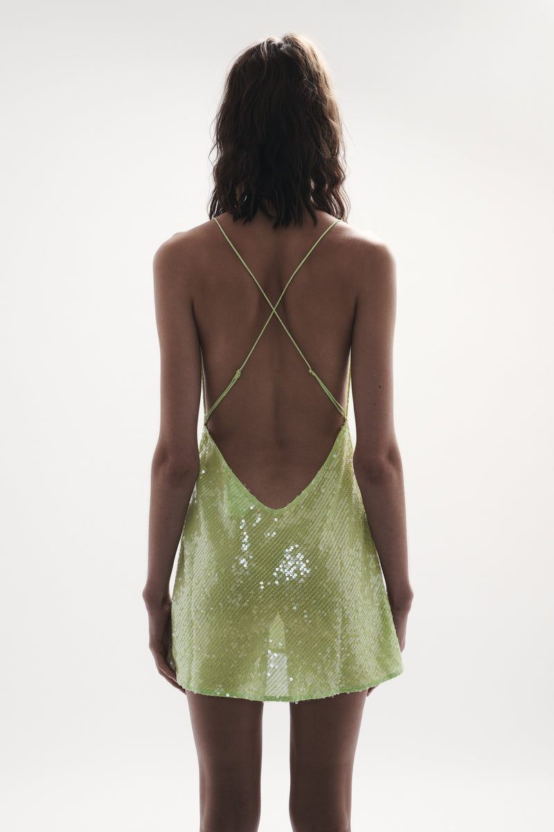 back view womens resort wear designed as high quality resort wear from sommer swim swimwear australia - ibiza chartreuse is a light green sequin mini dress