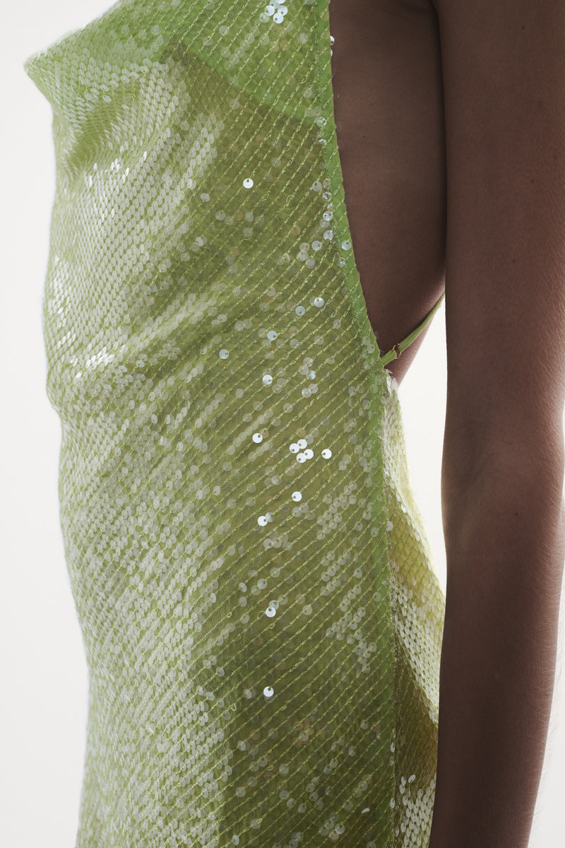 side close up view womens resort wear designed as high quality resort wear from sommer swim swimwear australia - ibiza chartreuse is a light green sequin mini dress