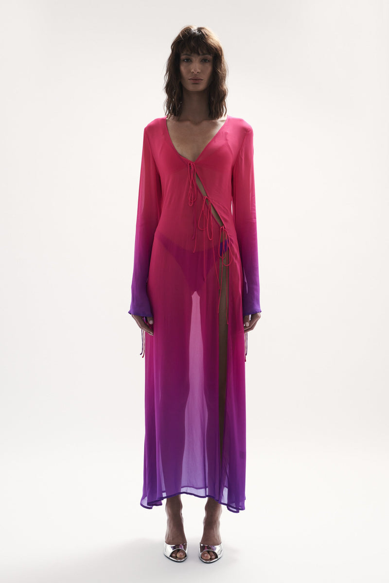 front straight view womens resort wear designed as high quality resort wear from sommer swim swimwear australia - pelicano berry crush is a pink and purple gradient robe dress
