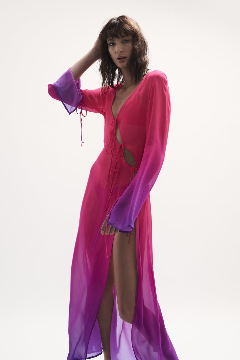 front pose view womens resort wear designed as high quality resort wear from sommer swim swimwear australia - pelicano berry crush is a pink and purple gradient robe dress