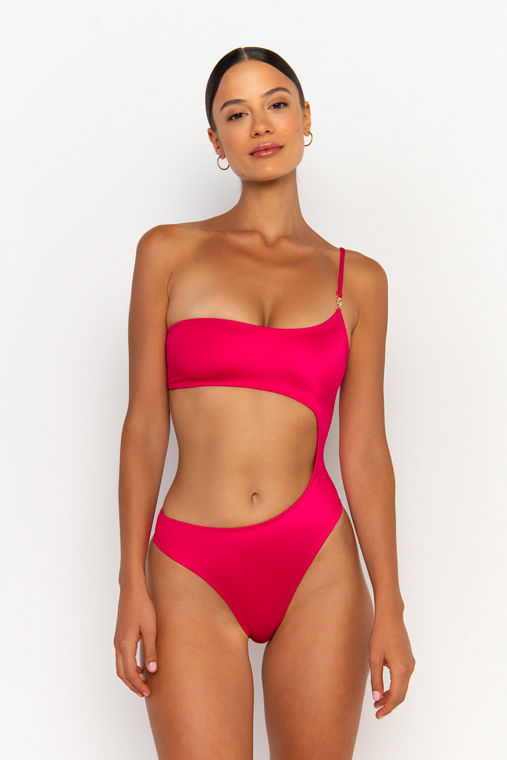 front view womens swimwear designed as high quality bikini from sommer swim swimwear australia - bonita magenta is a fuchsia one shoulder swimsuit one piece swimsuit