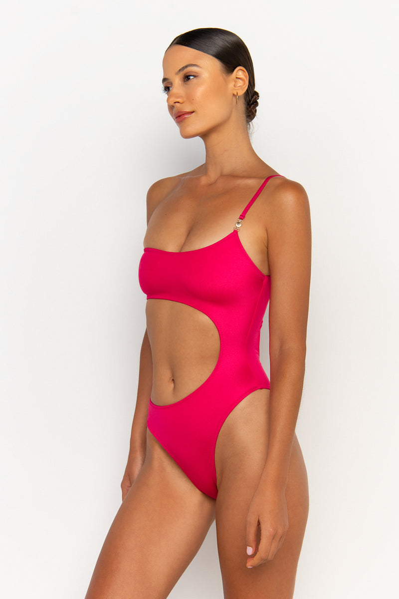 side view womens swimwear designed as high quality bikini from sommer swim swimwear australia - bonita magenta is a fuchsia one shoulder swimsuit one piece swimsuit