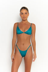 Blue Fondale string bikini bottom with gold ring accents
