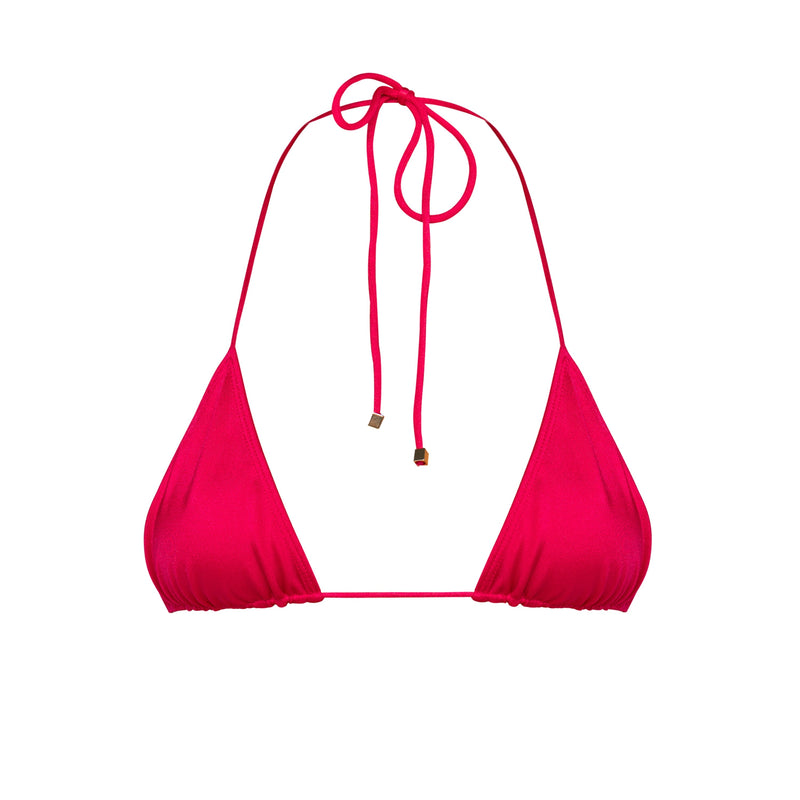 Close-up of gold hardware stoppers on Stella Magenta triangle bikini top