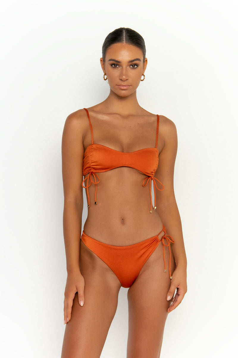 front view womens swimwear designed as high quality bikini from sommer swim swimwear australia - adriana egitto is a dark orange bikini with high waisted bikini bottom