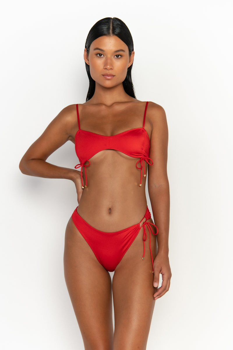 front view womens swimwear designed as high quality bikini from sommer swim swimwear australia - adriana siren is a red bikini with high waisted bikini bottom