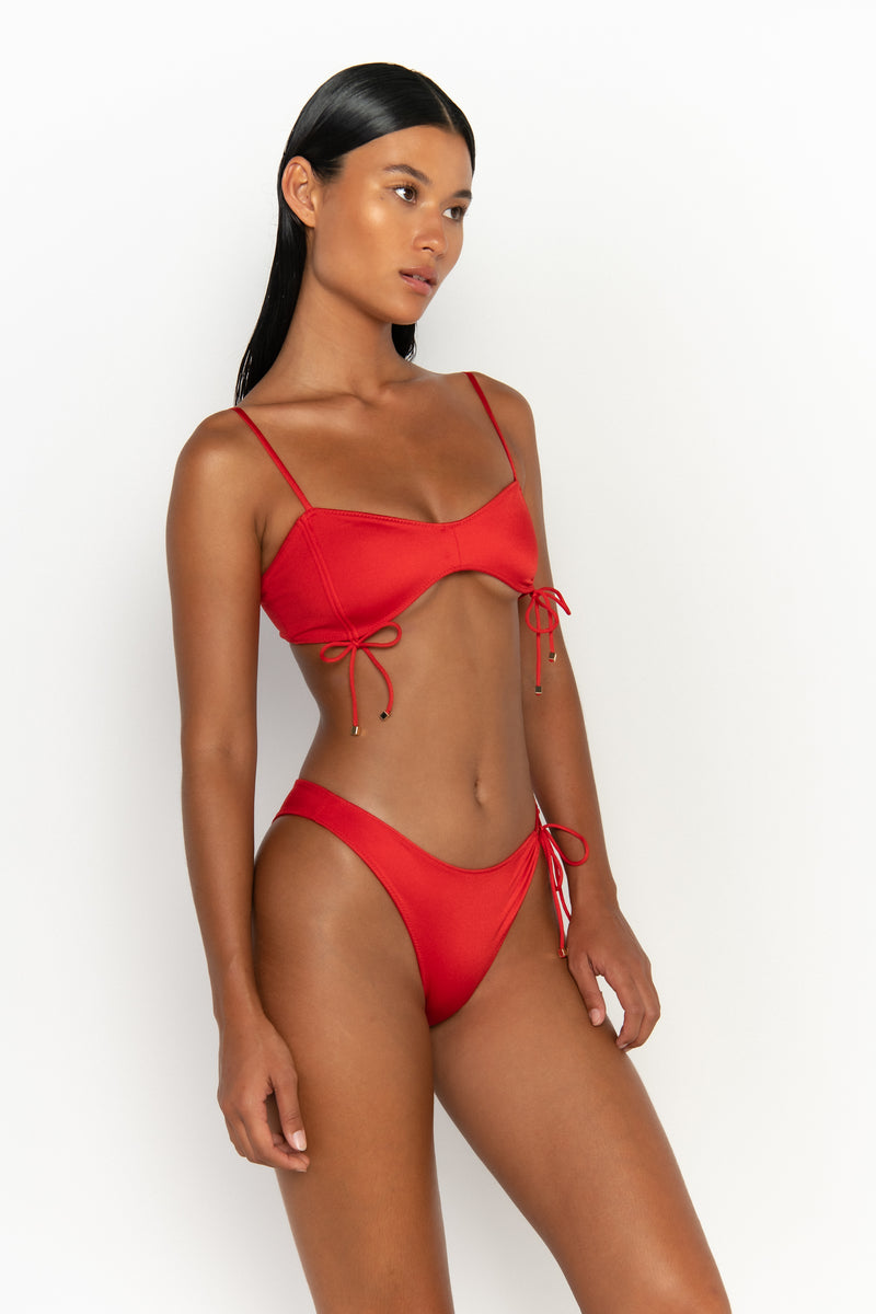 side view womens swimwear designed as high quality bikini from sommer swim swimwear australia - adriana siren is a red bikini with high waisted bikini bottom