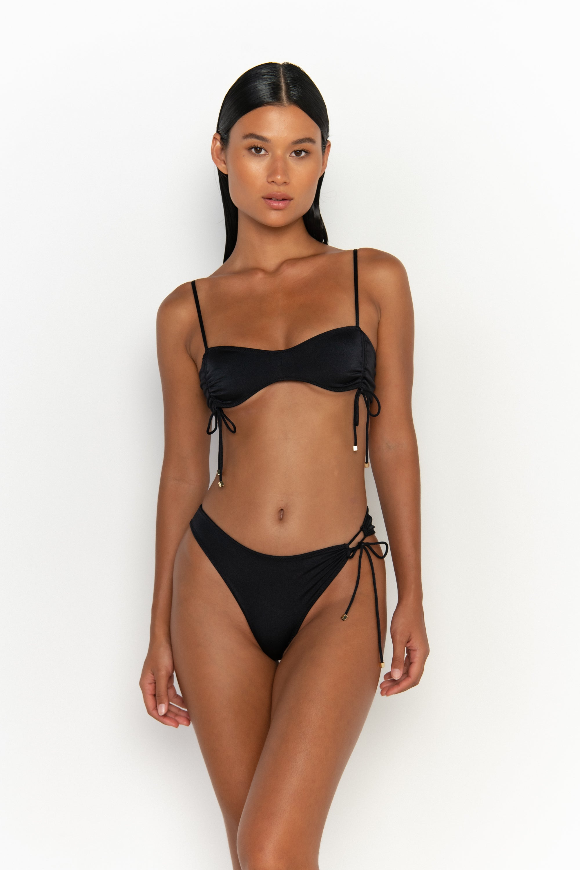 front view womens swimwear designed as high quality bikini from sommer swim swimwear australia - bea nero is a black bikini with bralette bikini top
