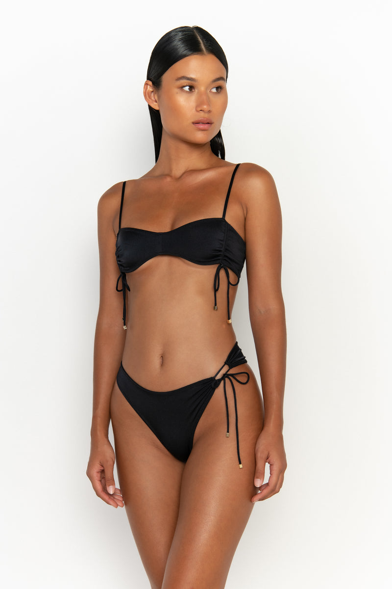 side view womens swimwear designed as high quality bikini from sommer swim swimwear australia - bea nero is a black bikini with bralette bikini top