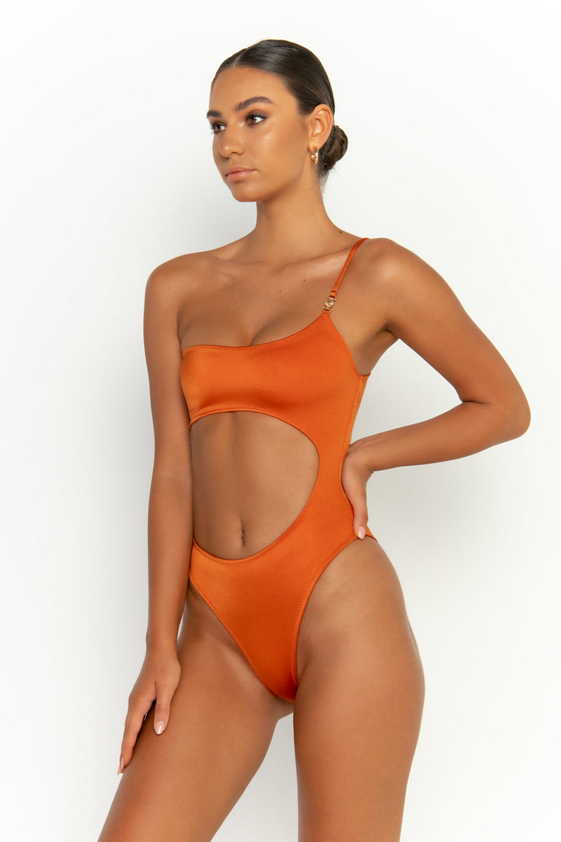 front looking side view womens swimwear designed as high quality bikini from sommer swim swimwear australia - bonita egitto is a dark orange one piece swimsuit