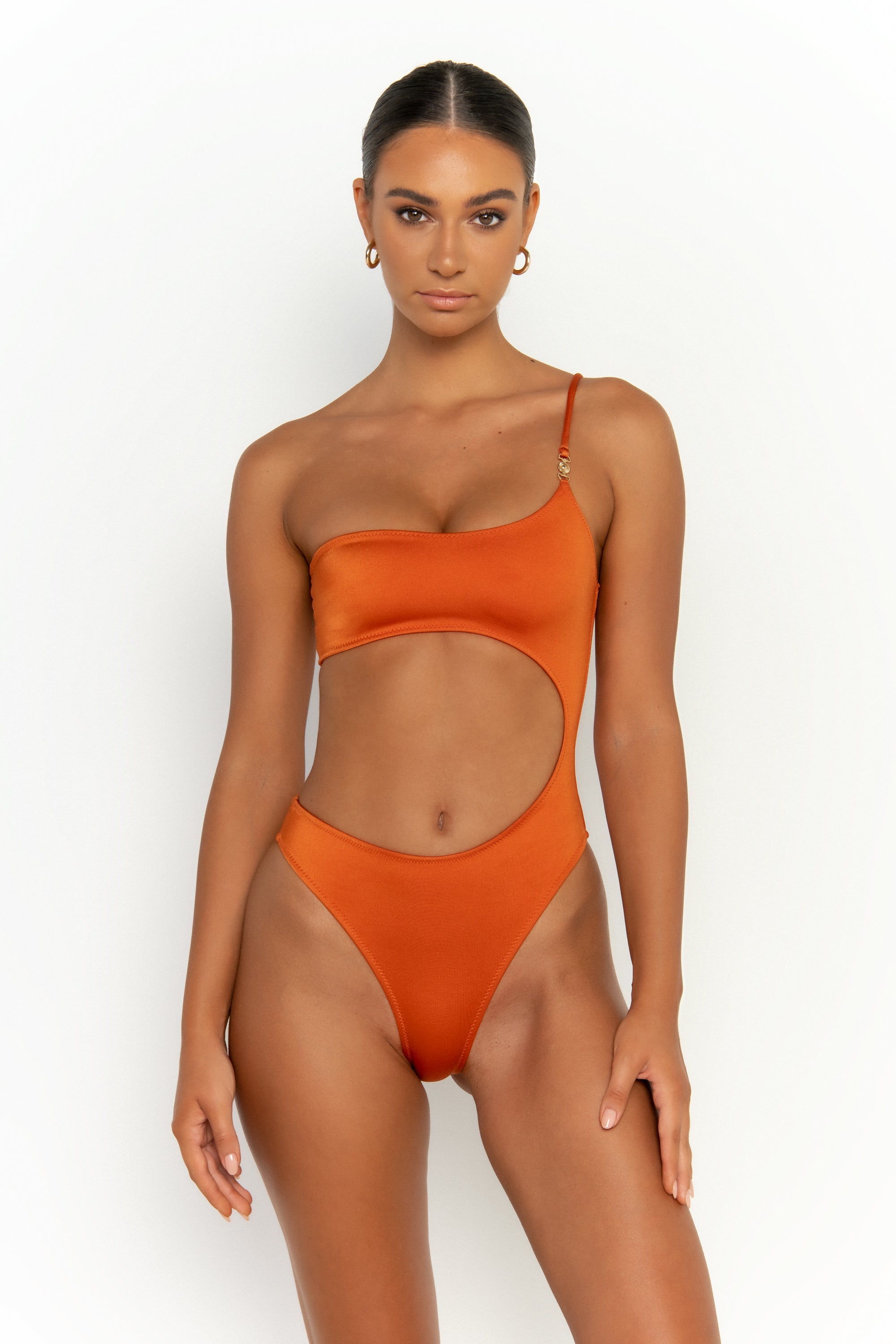 front view womens swimwear designed as high quality bikini from sommer swim swimwear australia - bonita egitto is a dark orange one piece swimsuit