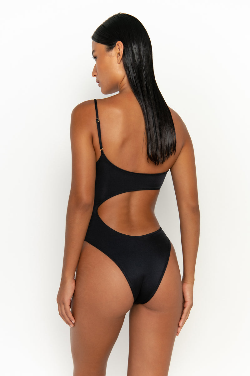 back view womens swimwear designed as high quality bikini from sommer swim swimwear australia - bonita nero is a black one shoulder swimsuit one piece swimsuit