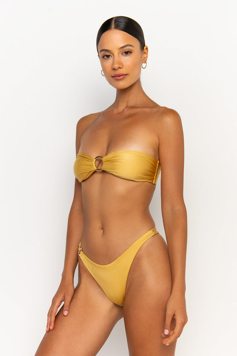 side view womens swimwear designed as high quality bikini from sommer swim swimwear australia - cece lusso is a golden bikini with bandeau bikini top