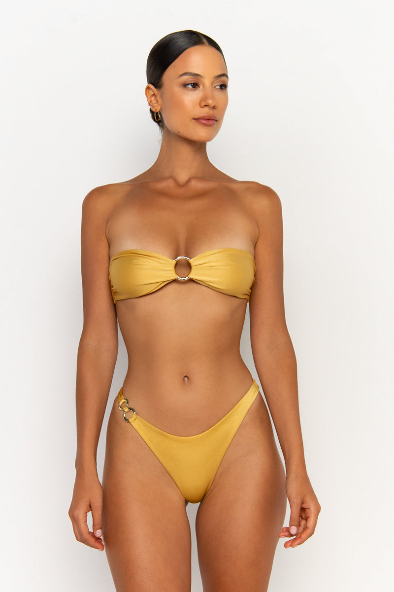 front looking side view womens swimwear designed as high quality bikini from sommer swim swimwear australia - cece lusso is a golden bikini with bandeau bikini top
