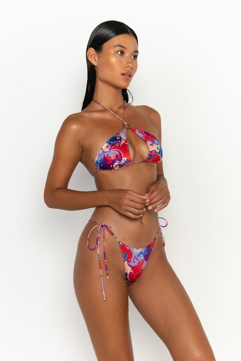 side view womens swimwear designed as high quality bikini from sommer swim swimwear australia - celene rococo is a print bikini with halter bikini top