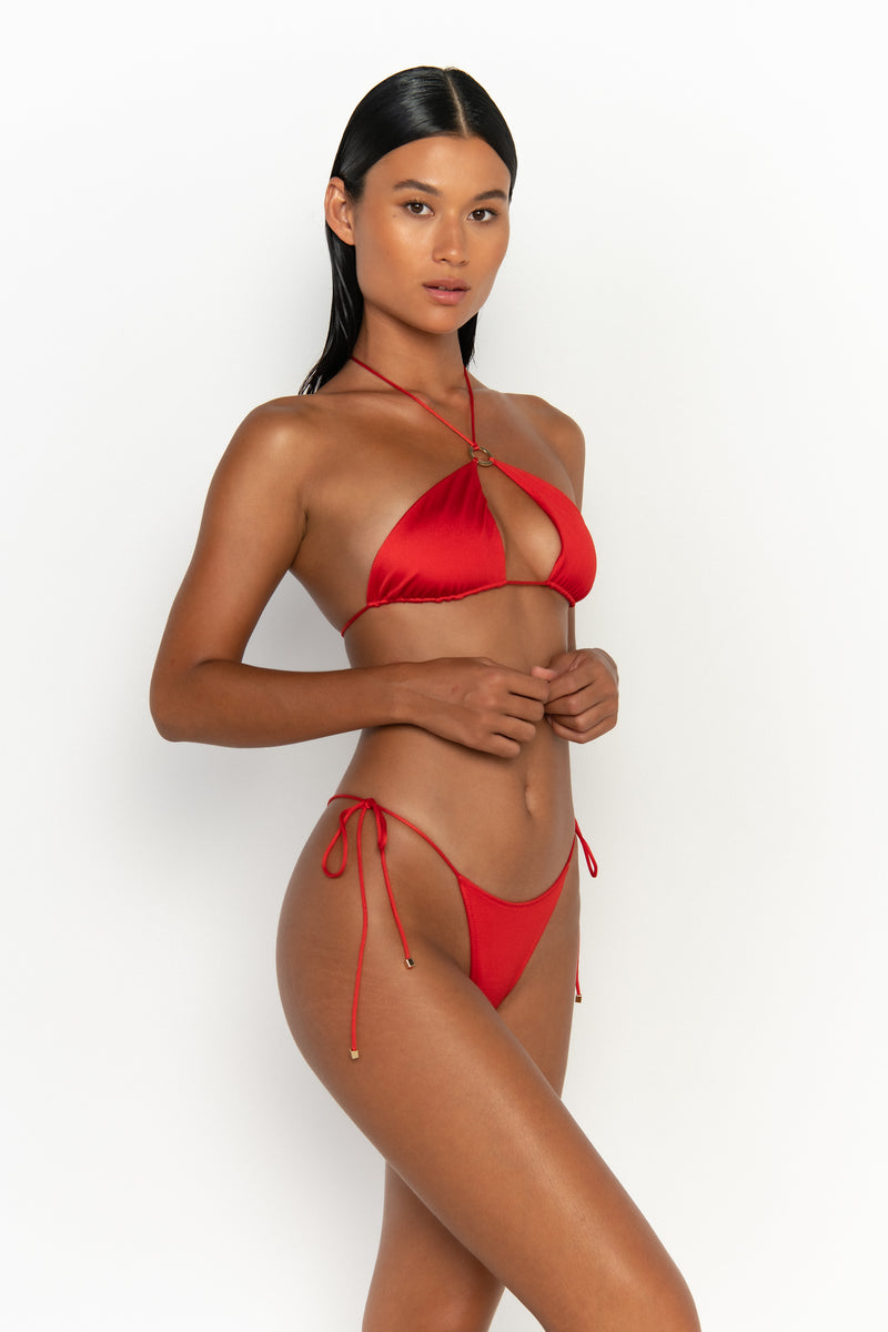 side view womens swimwear designed as high quality bikini from sommer swim swimwear australia - celene siren is a red bikini with halter bikini top