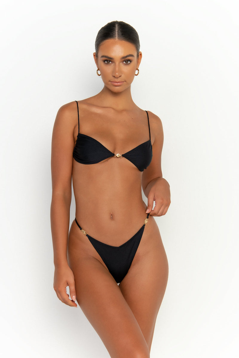 front view womens swimwear designed as high quality bikini from sommer swim swimwear australia - ella nero is a black bikini with bralette bikini top