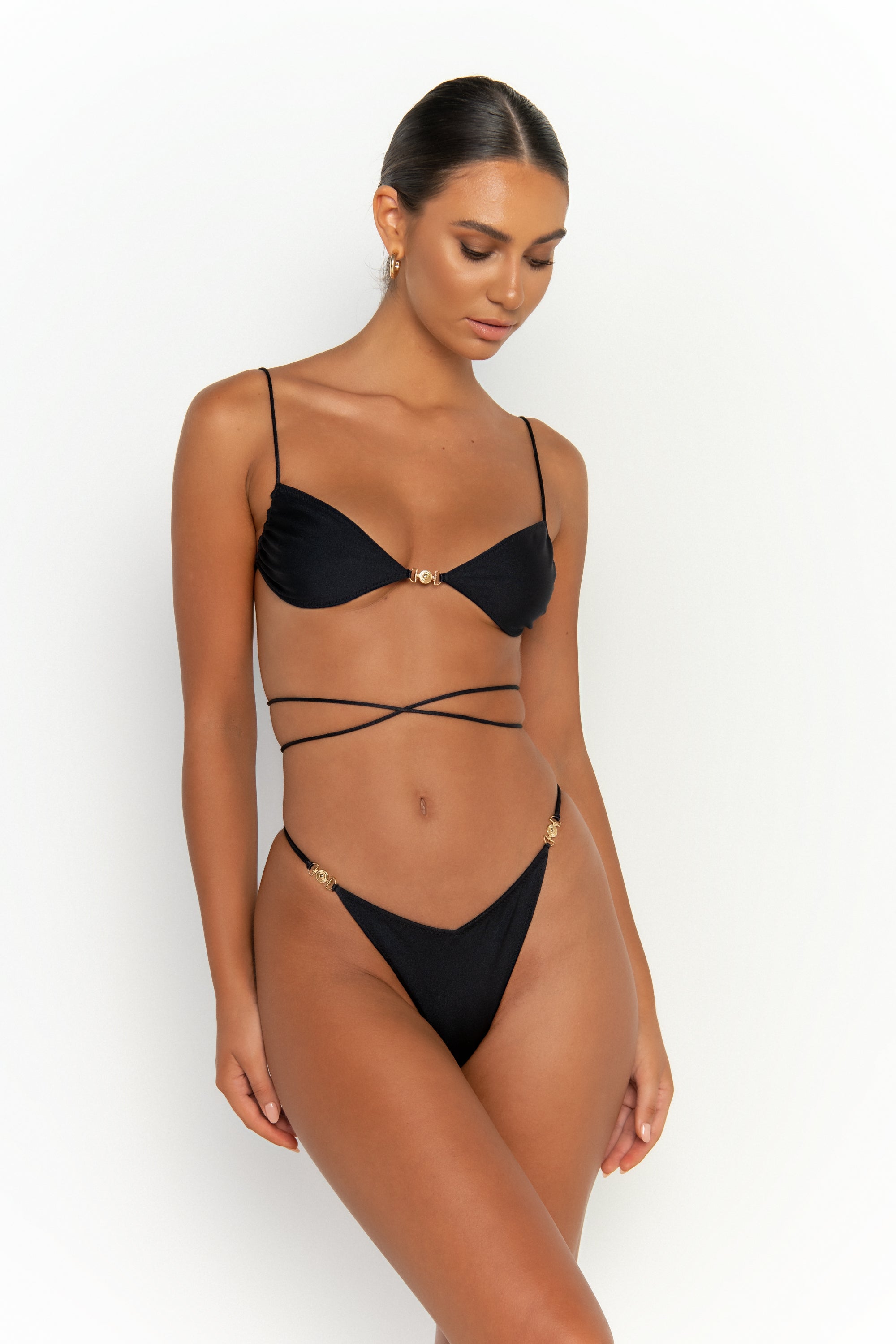 front view womens swimwear designed as high quality bikini from sommer swim swimwear australia - ella nero is a black bikini with bralette bikini top