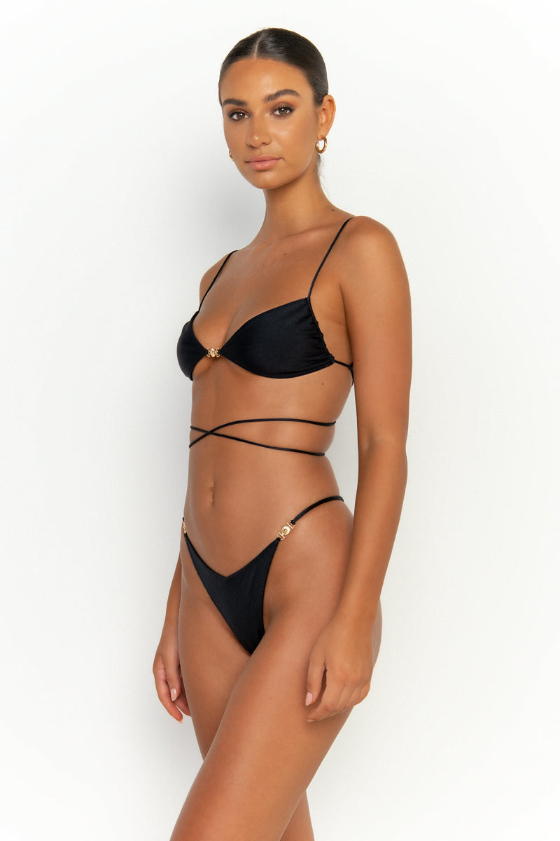 side view womens swimwear designed as high quality bikini from sommer swim swimwear australia - ella nero is a black bikini with bralette bikini top