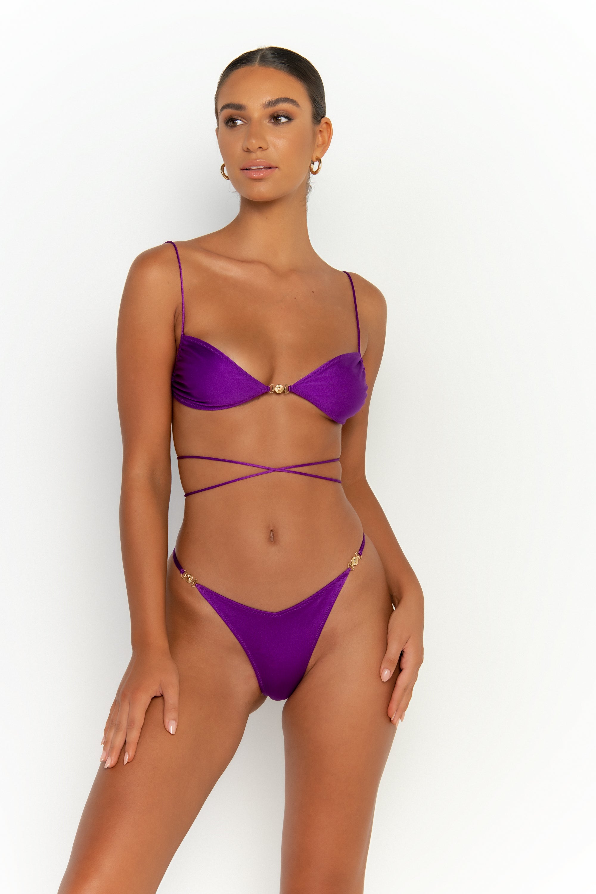 front view womens swimwear designed as high quality bikini from sommer swim swimwear australia - ella petunia is a purple bikini with bralette bikini top