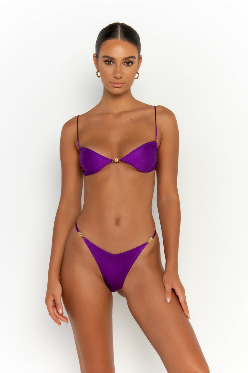front second view womens swimwear designed as high quality bikini from sommer swim swimwear australia - ella petunia is a purple bikini with bralette bikini top
