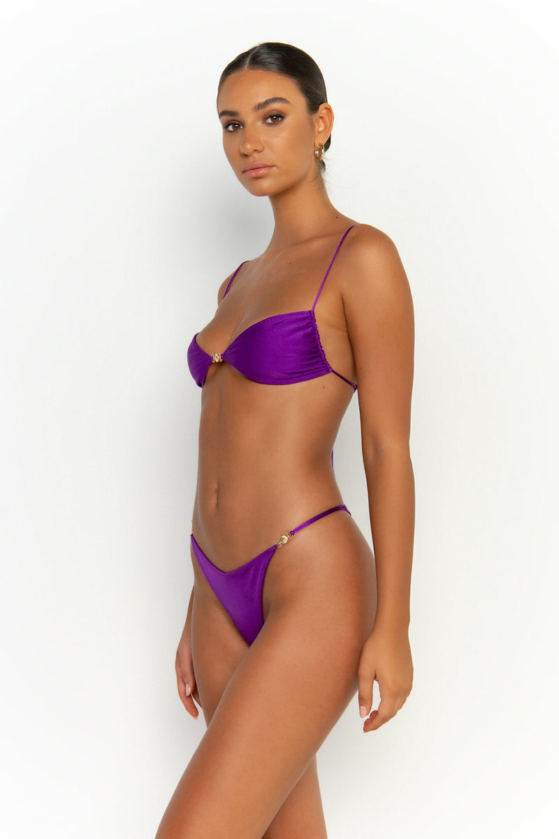 side view womens swimwear designed as high quality bikini from sommer swim swimwear australia - ella petunia is a purple bikini with bralette bikini top
