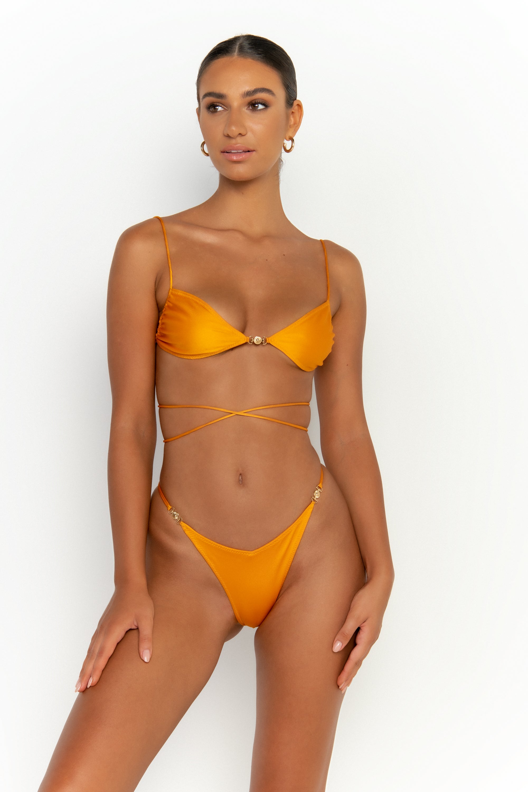 front view womens swimwear designed as high quality bikini from sommer swim swimwear australia - ella turmeric is a light orange bikini with bralette bikini top