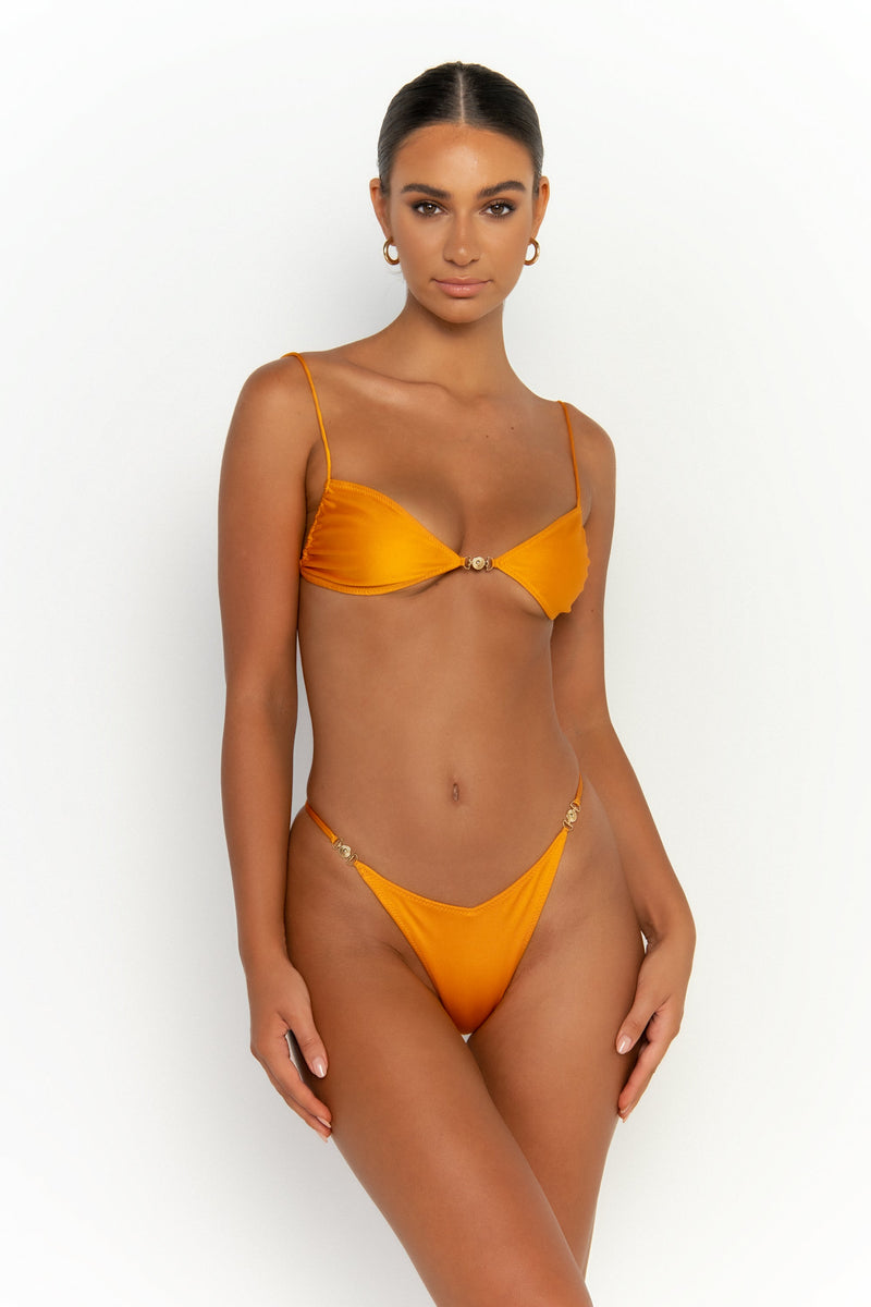 front second view womens swimwear designed as high quality bikini from sommer swim swimwear australia - ella turmeric is a light orange bikini with bralette bikini top