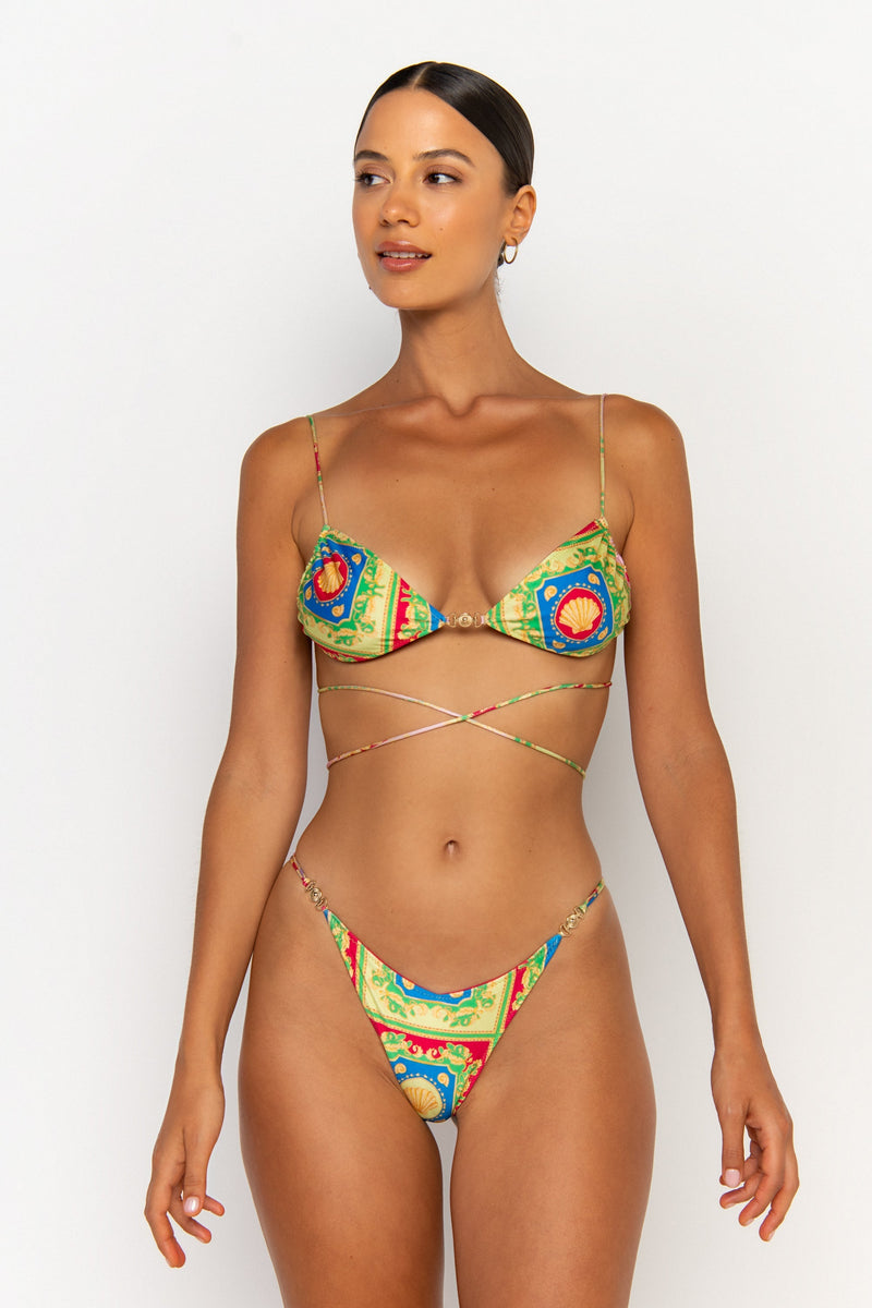 front second view womens swimwear designed as high quality bikini from sommer swim swimwear australia - ella posidonia is a print bikini with bralette bikini top