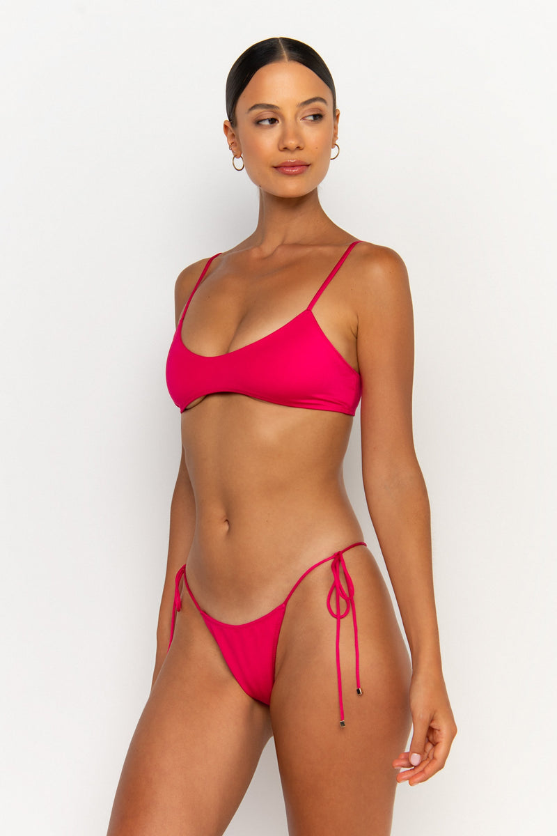 side view womens swimwear designed as high quality bikini from sommer swim swimwear australia - freya magenta is a fuchsia bikini with tie side bikini bottom