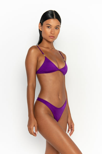 side view womens swimwear designed as high quality bikini from sommer swim swimwear australia - juliet petunia is a purple bikini with bralette bikini top