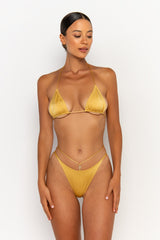 front view womens swimwear designed as high quality bikini from sommer swim swimwear australia - kamilla lusso is a golden bikini with brazilian bikini bottom