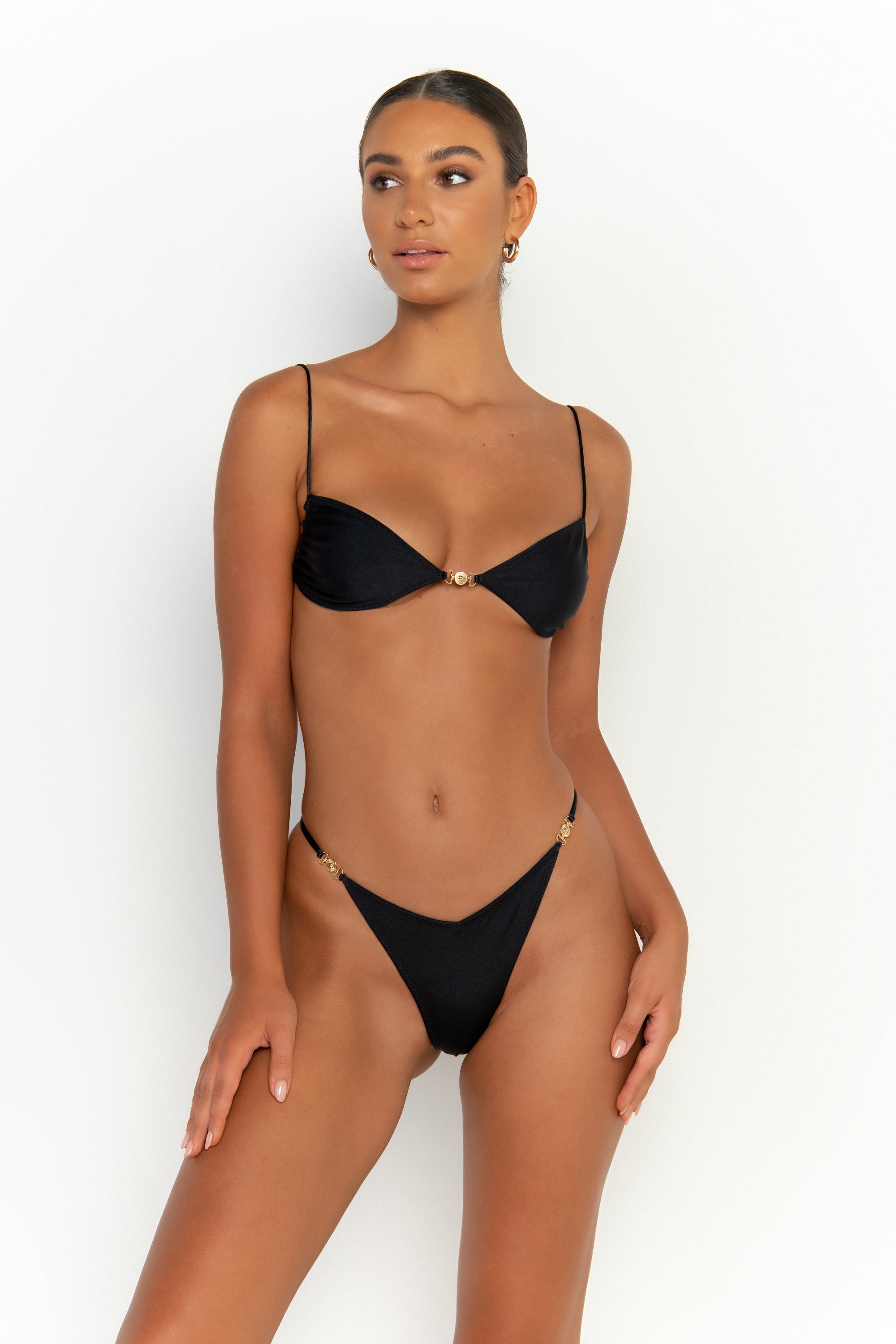 front view womens swimwear designed as high quality bikini from sommer swim swimwear australia - lia nero is a black bikini with brazilian bikini bottoms