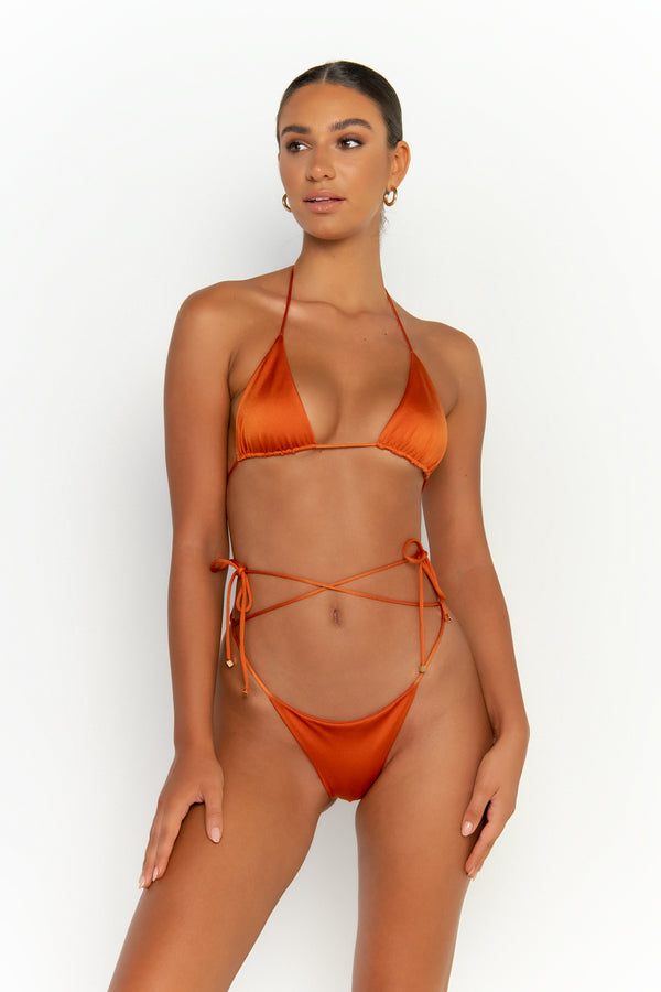 front wrapped view womens swimwear designed as high quality bikini from sommer swim swimwear australia - milla egitto is a dark orange bikini with tie side bikini bottom
