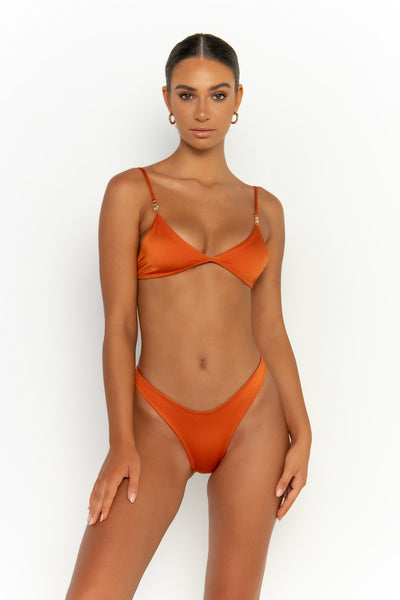 front view womens swimwear designed as high quality bikini from sommer swim swimwear australia - niam egitto is a dark orange bikini with thong bikini bottom