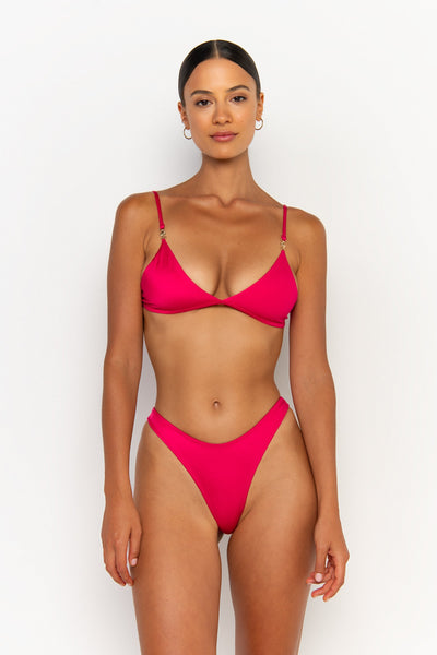 front view womens swimwear designed as high quality bikini from sommer swim swimwear australia - niam magenta is a fuchsia bikini with thong bikini bottom