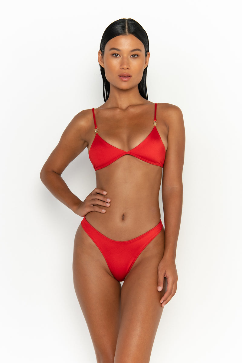 front view womens swimwear designed as high quality bikini from sommer swim swimwear australia - niam siren is a red bikini with thong bikini bottom