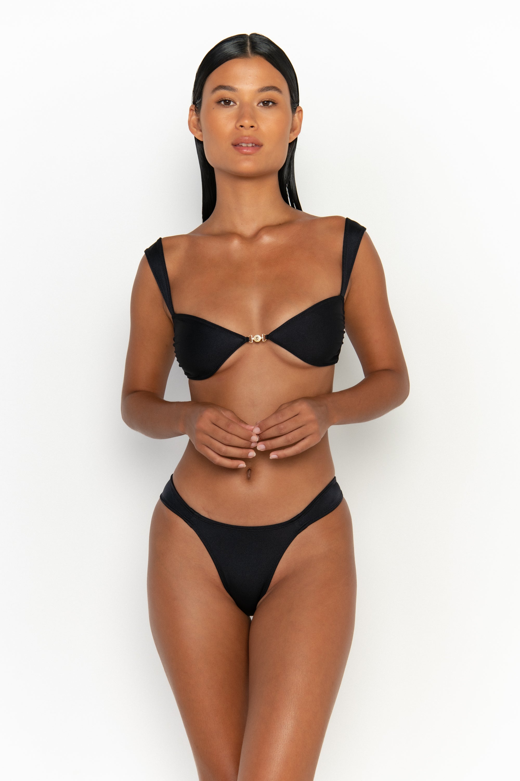 front view womens swimwear designed as high quality bikini from sommer swim swimwear australia - soriya nero is a black bikini with balconette bikini top