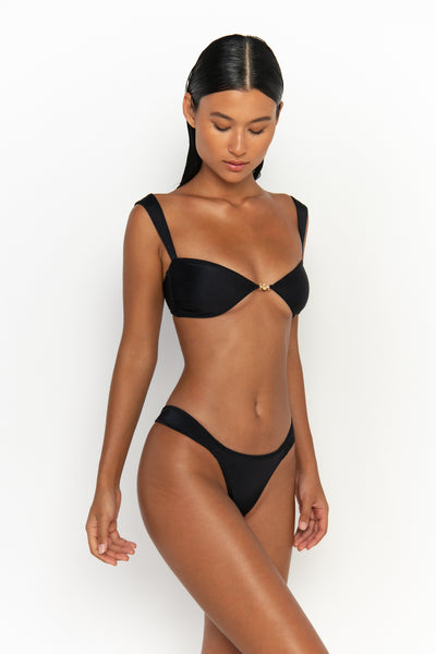 side view womens swimwear designed as high quality bikini from sommer swim swimwear australia - soriya nero is a black bikini with balconette bikini top