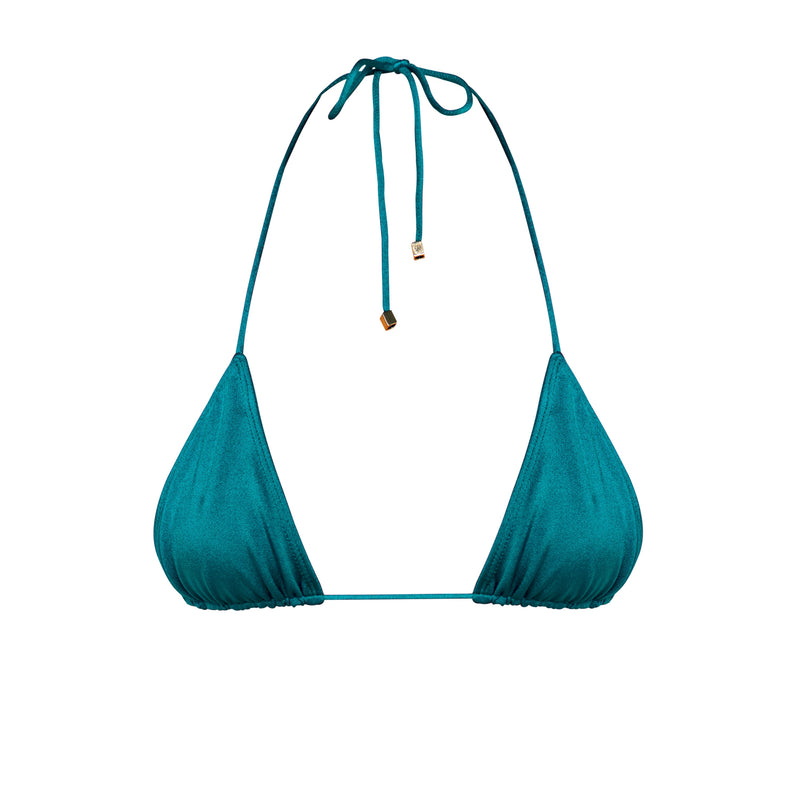 Close-up of gold hardware stoppers on Stella Blue Fondale triangle bikini top
